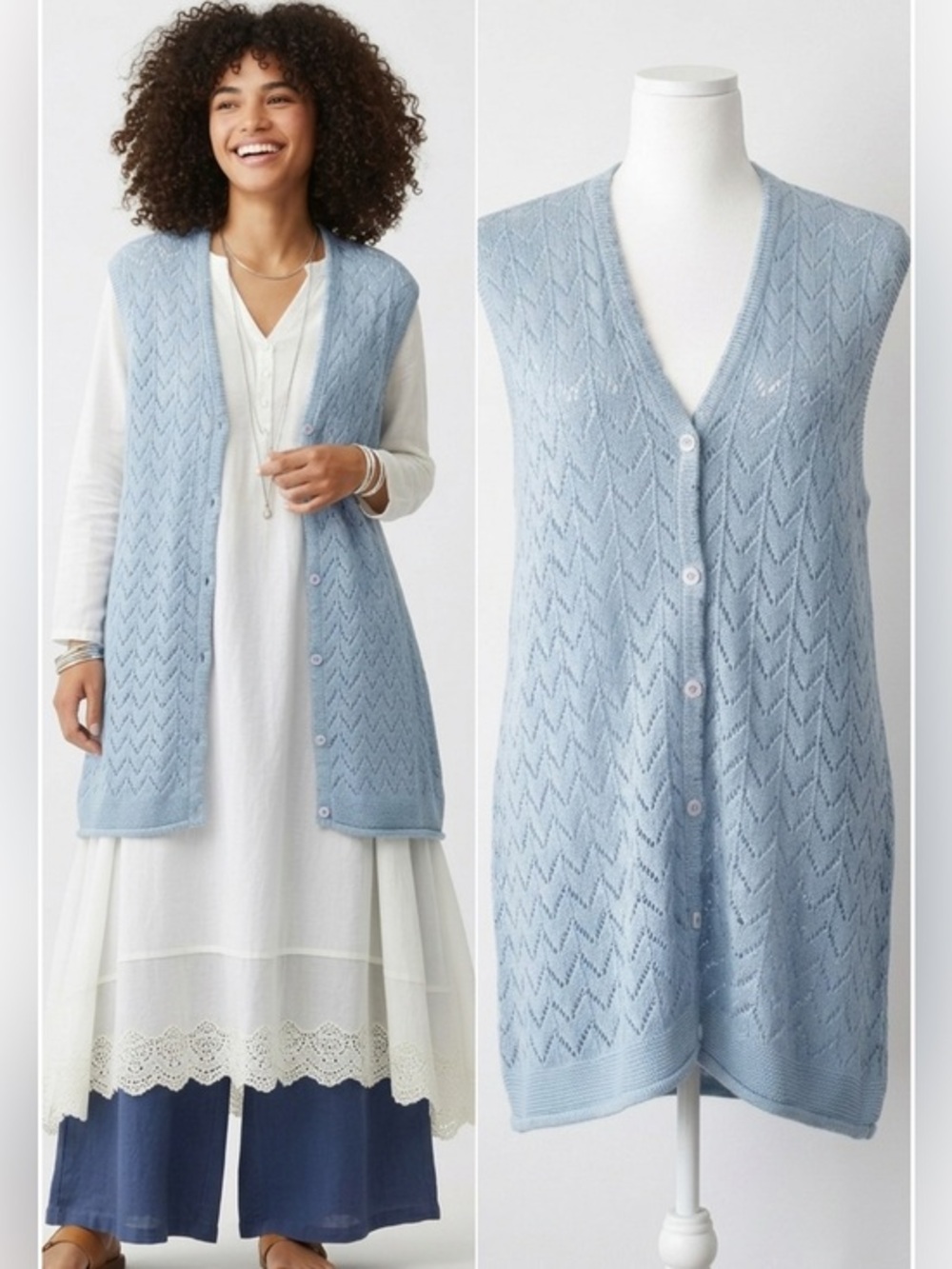 Vintage Pastel Blue Pointelle Knit Cardigan Sweater Vest Ramie Cotton Size Large
